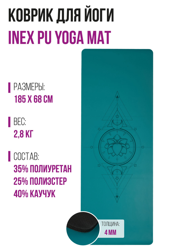 Коврик для йоги INEX Yoga PU Mat полиуретан c гравировкой, цвет бирюзовый, 185х68х0,4 см.  #1