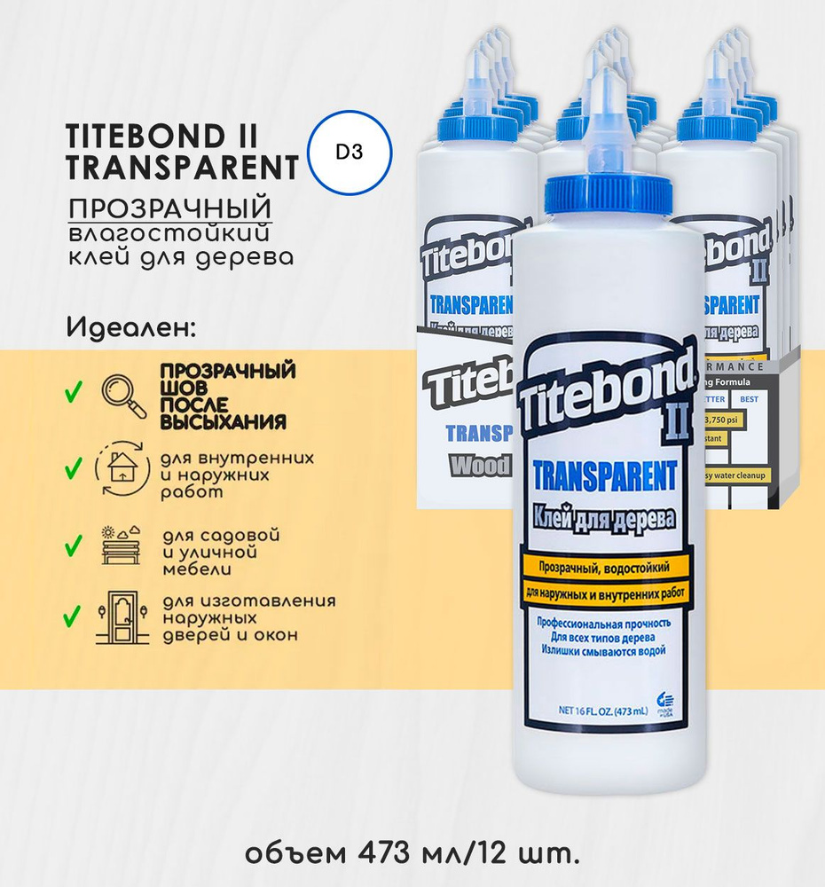 Клей для дерева Titebond II Transparent столярный влагостойкий прозрачный 473 мл Коробка 12 шт  #1