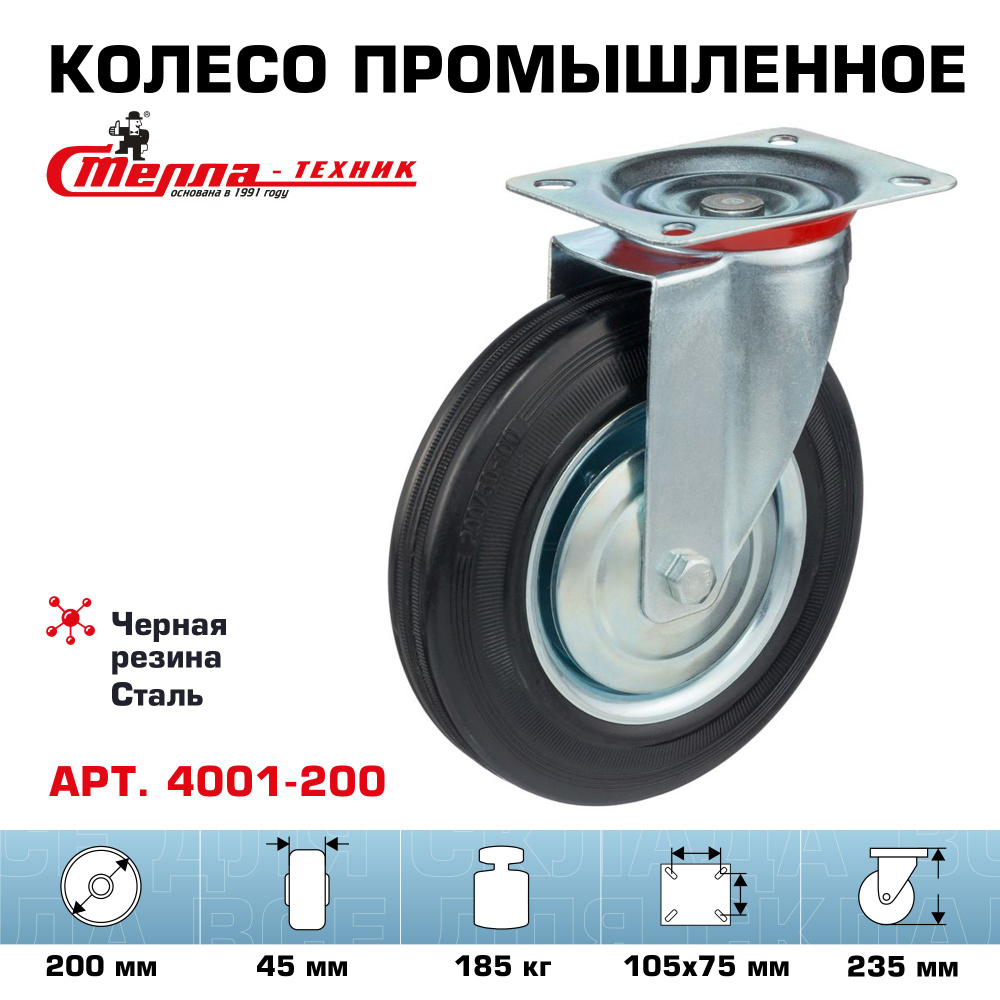 Колесо поворотное Стелла-техник 4001-200 диаметр 200мм, грузоподъемность 185кг  #1