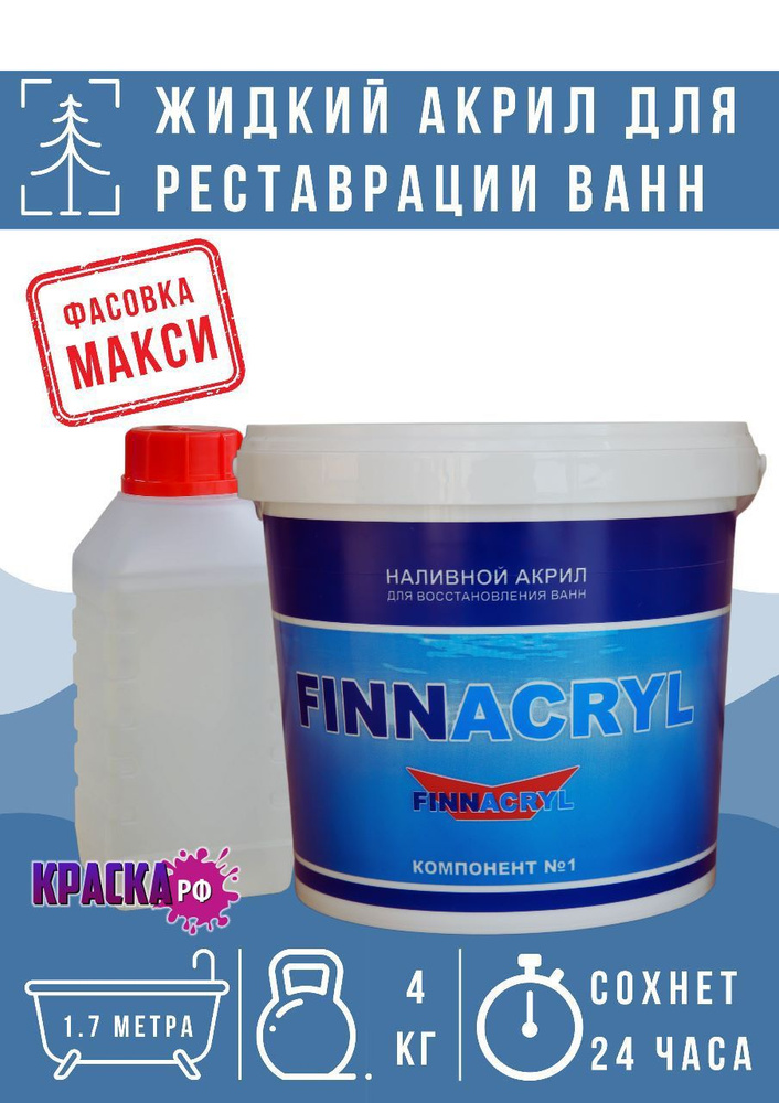 Наливной акрил для реставрации ванны длинной от 120 до 170 см FinnAcryl 24ч Макси 4кг, краска для ванны #1