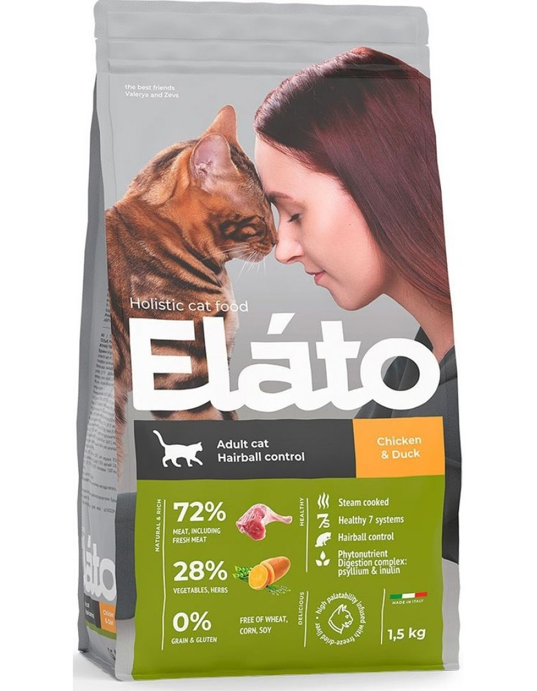 Корм для взрослых кошек Elato Holistic с курицей и уткой, для выведения шерсти 1,5кг  #1