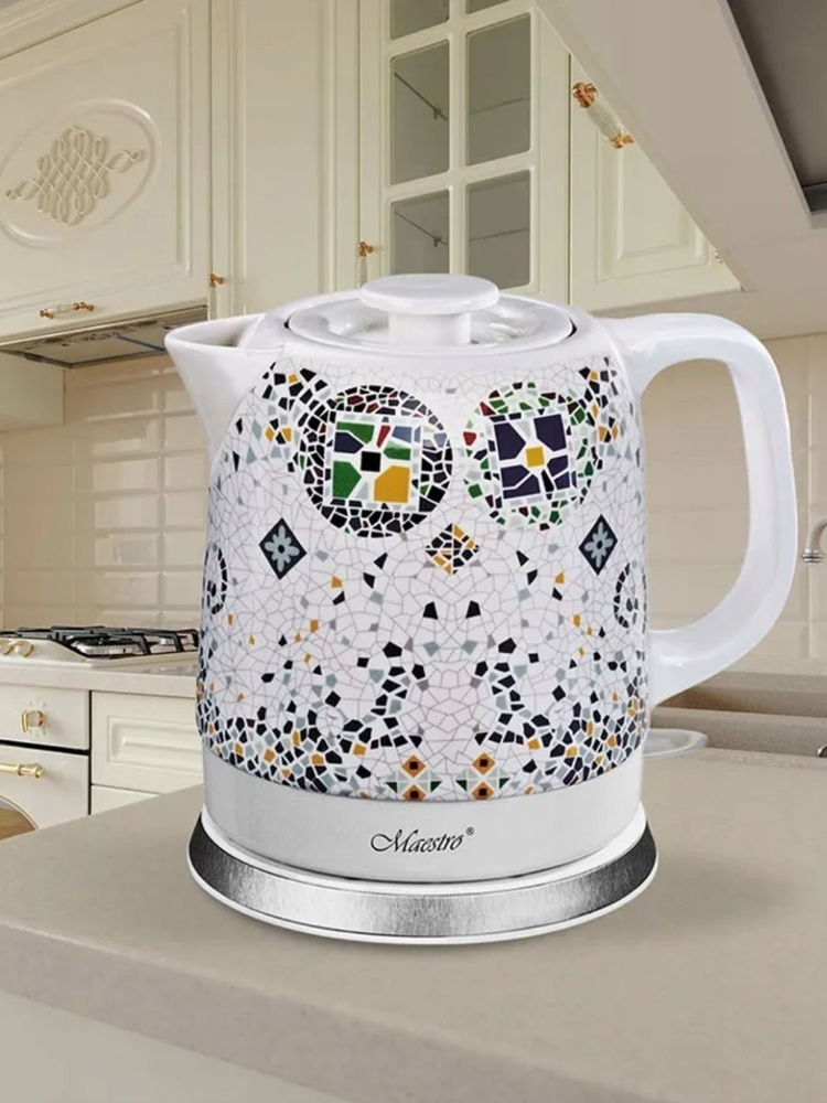 Электрический керамический чайник Maestro для плиты, белый с мозаикой 1.5 л, высококачественная керамика #1