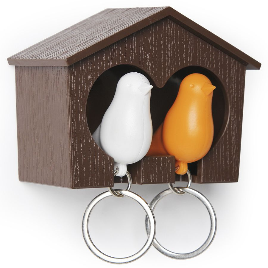 Держатель для ключей Duo Sparrow, ключница настенная с птичками на 2 ключа со свистком, коричневый/белый/оранжевый #1