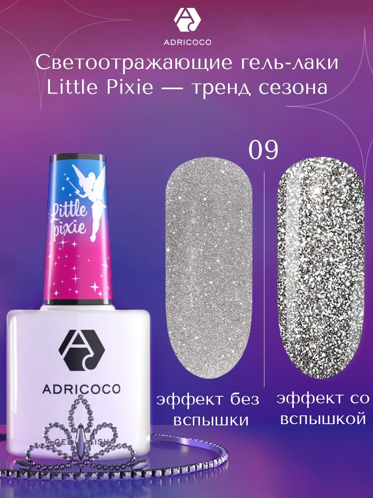 Гель лак для ногтей ADRICOCO Little Pixie серебристый светоотражающий с блестками №09, 8 мл  #1