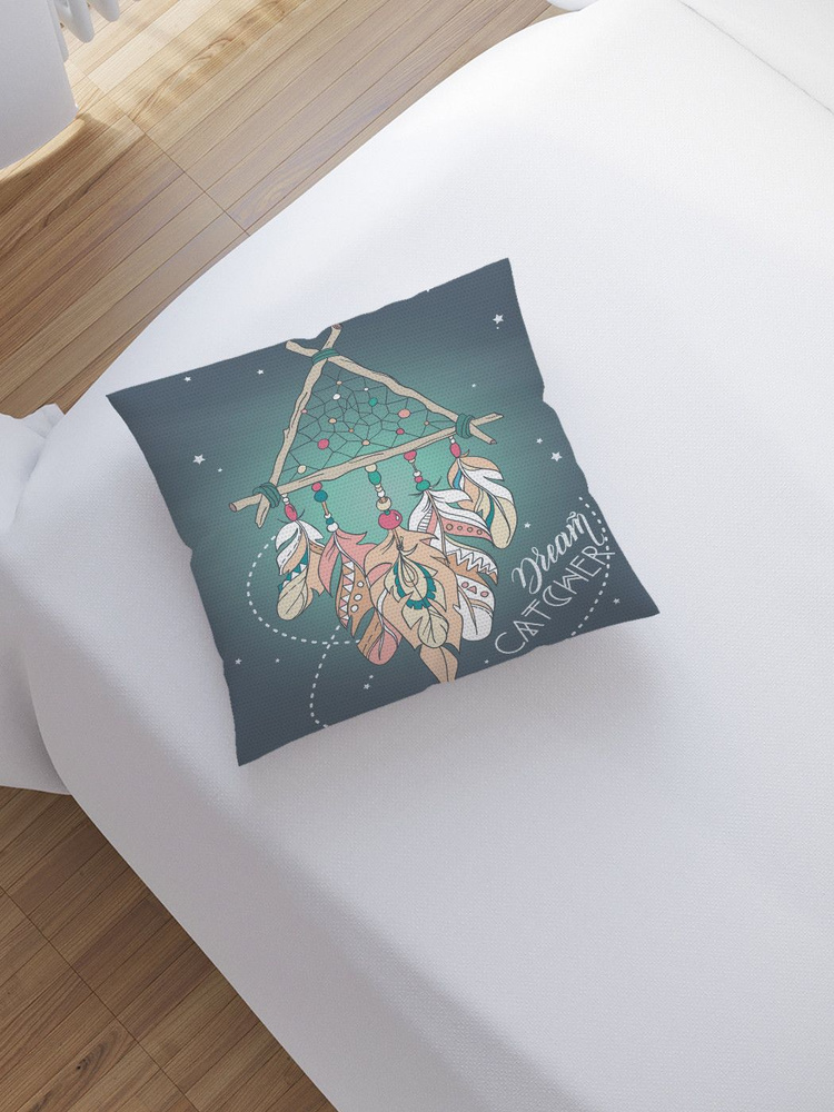 Наволочка декоративная на молнии, чехол на подушку "Ловец снов с перьями" 45х45 см  #1