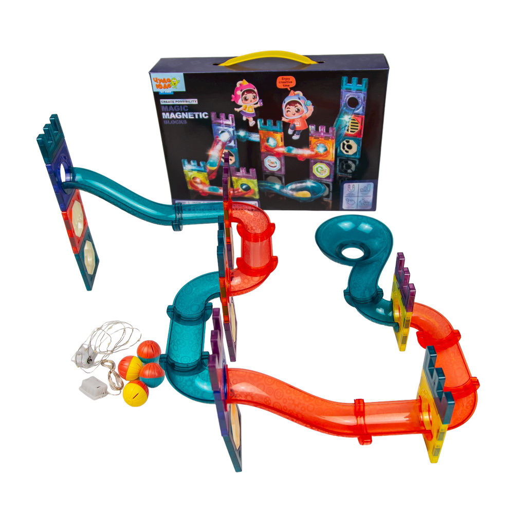 Игрушка конструктор магнитный светящийся с шариками для детей, 56 деталей, 2 гирлянды в комплекте, GJ-2001D #1