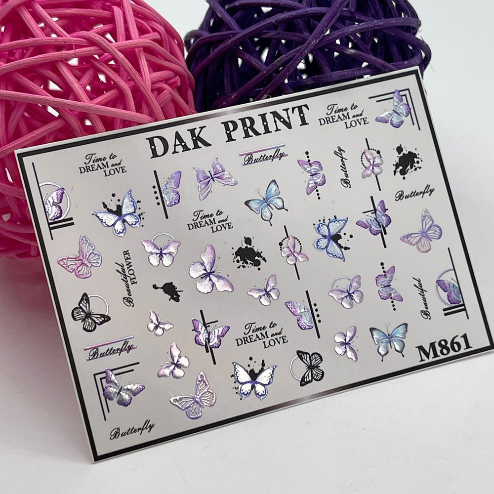 Металлизированные cлайдеры для маникюра (водные наклейки) для дизайна ногтей "Бабочки и надписи"  #1