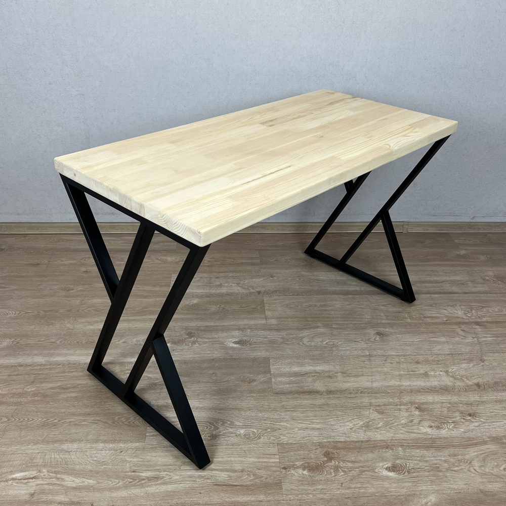Стол кухонный Loft со столешницей из массива сосны 40 мм без покрытия и черными металлическими Z-образными #1