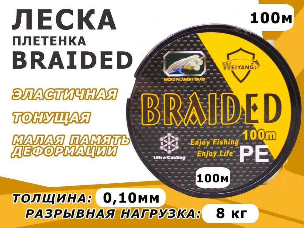 Леска плетенка для рыбалки BRAIDED 100 м, 0,10 мм, 8 кг #1