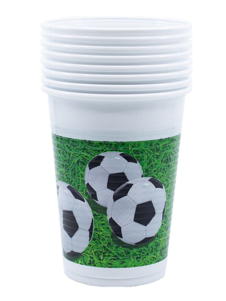 Стаканы пластиковые одноразовые Riota Футбольные мячи на газоне, зеленый, 200 мл, 8 шт  #1