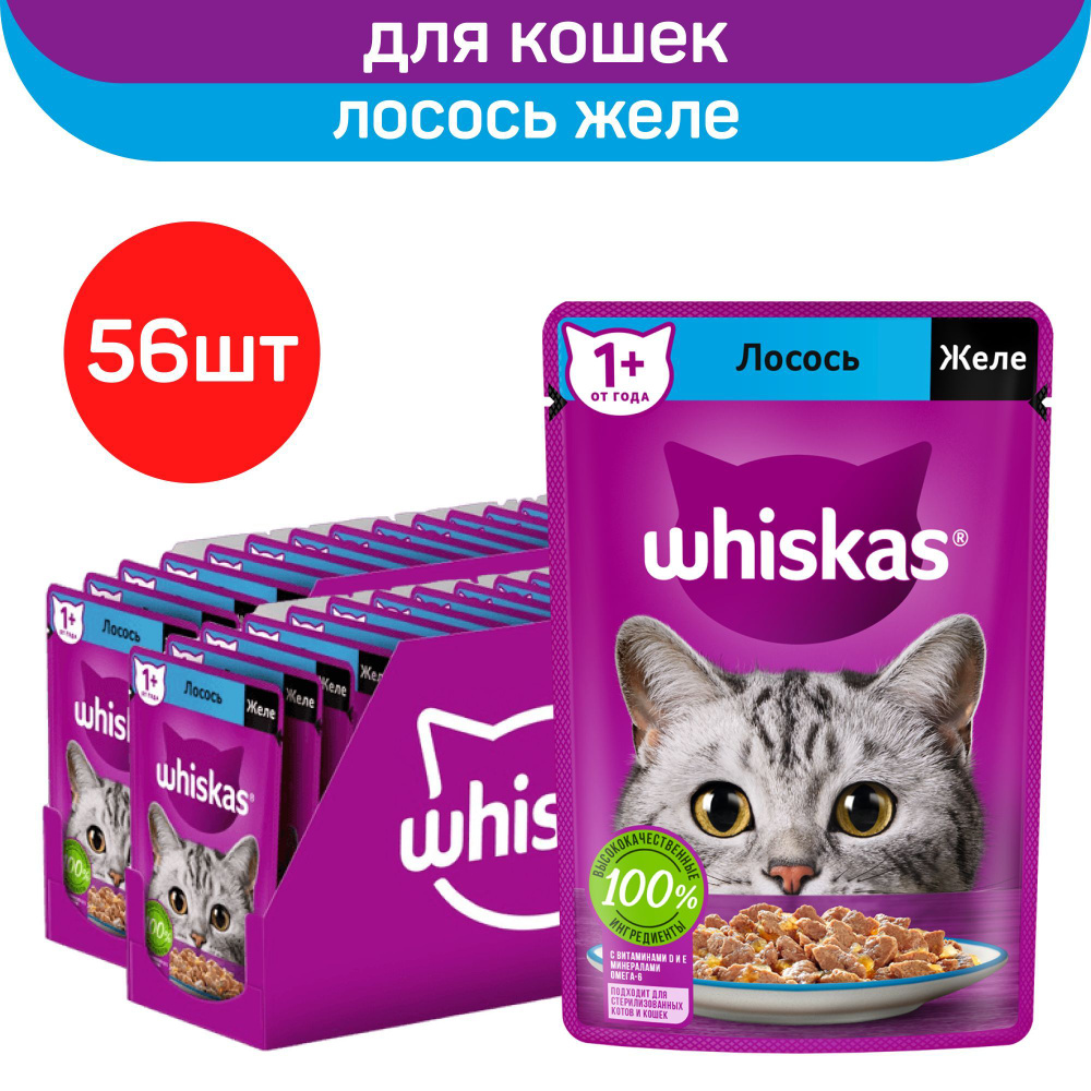 Влажный полнорационный корм Whiskas для взрослых кошек, желе с лососем, 75г. х 56шт.  #1