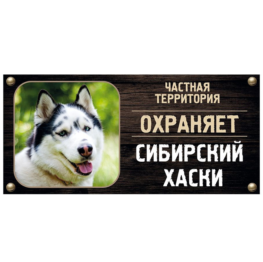 Табличка, Злая собака, Территорию охраняет Сибирский хаски, на металлической основе, 30см х 14 см, на #1