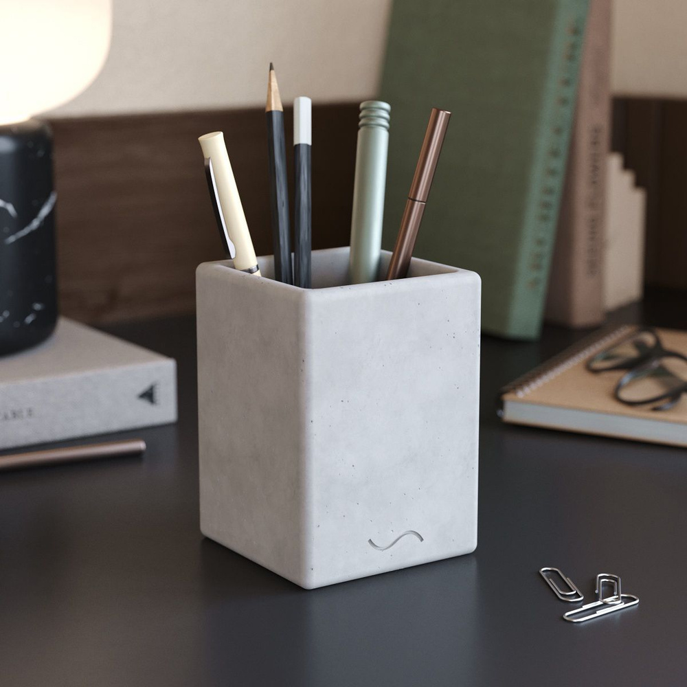 Стакан канцелярский Emily, подставка для ручек и карандашей, 11х8х8 см, бетон, серый матовый  #1
