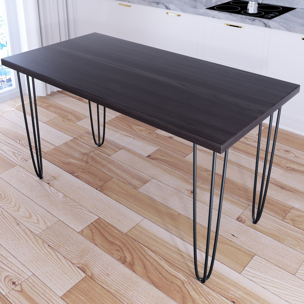 Стол кухонный Loft со столешницей цвета венге из массива сосны 40 мм на черных металлических ножках-шпильках, #1