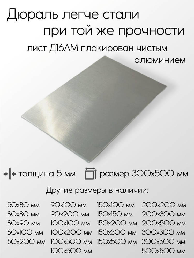 Алюминий дюраль Д16АМ лист толщина 5 мм 5x300x500 мм #1
