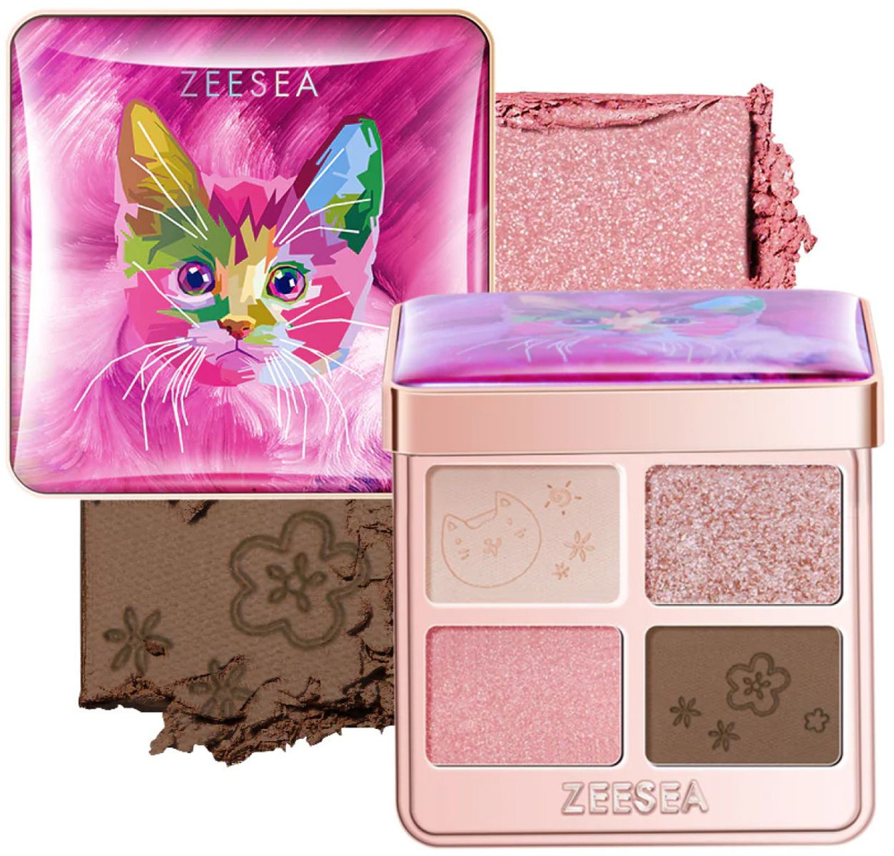 ZEESEA Тени для век палетка тон 02 пастельно-розовые тона, 4 цвета Tipsy Kitty Eyeshadow Quad 3.5 г  #1