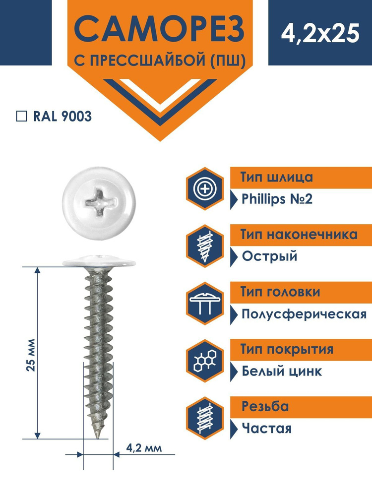 Саморез Rizzel ПШ 4,2х25 с прессшайбой острый RAL 9003 (500 шт) #1