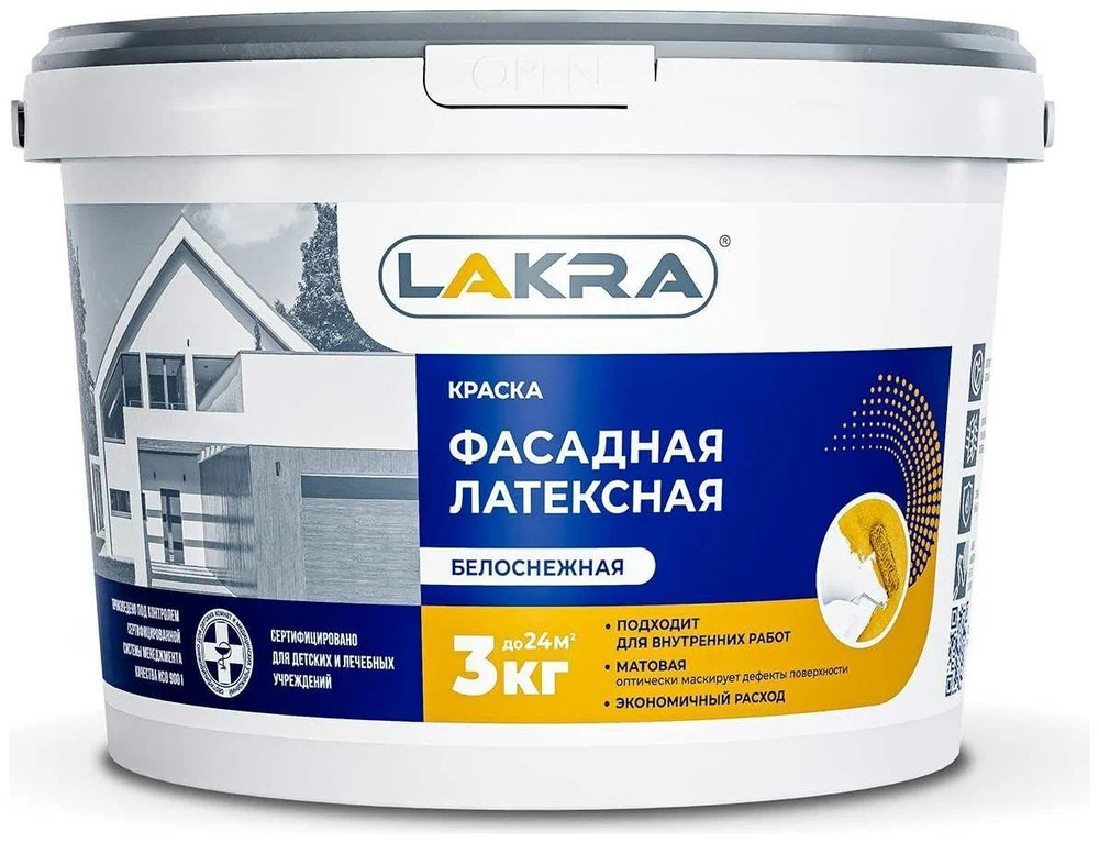 Лакра Краска Быстросохнущая, Гладкая, до +35°, Акриловая, Латексная, Матовое покрытие, 3 л, 3 кг, белый #1