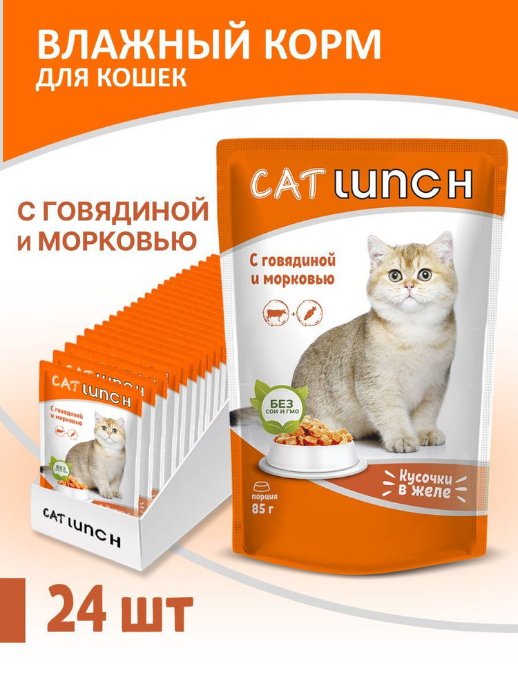 Влажный корм для кошек Cat Lunch кусочки в желе Говядина и Морковь, пауч, 85г х 24шт  #1