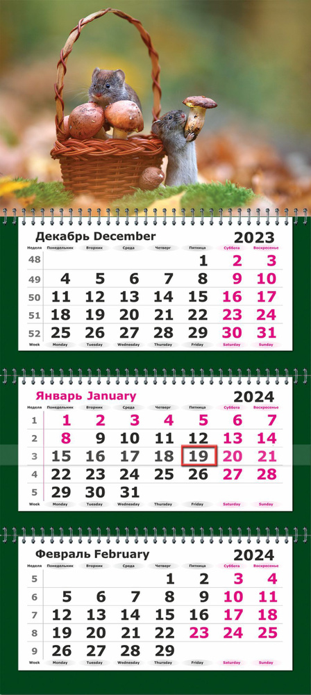Календарь квартальный 2024 настенный трехблочный ПРЕМИУМ ПОЛИНОМ Мышки с грибочками, 33х72см,1шт/уп  #1