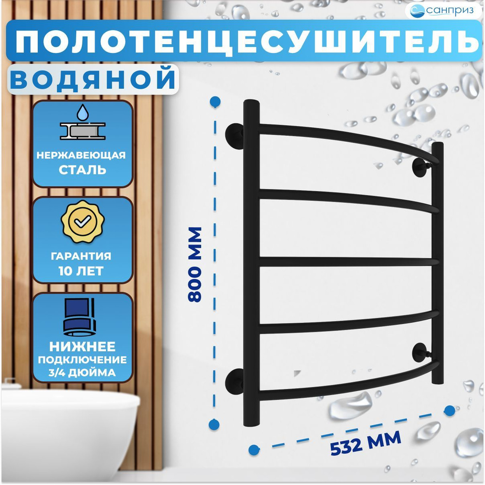 Полотенцесушитель водяной САНПРИЗ Классик П5 500мм 600мм нижнее подключение черный матовый форма Лесенка #1