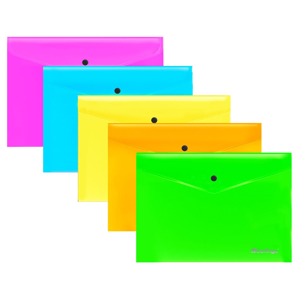 Папка-конверт на кнопке Berlingo "Neon" А4, 200мкм, ассорти неоновых цветов, 5 шт.  #1