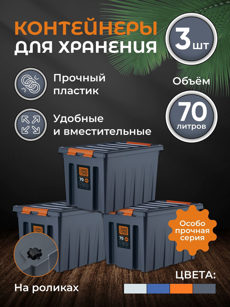 Набор контейнеров для хранения RoxBox 70л, 3шт, серый #1