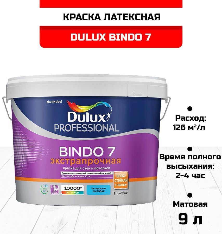 Краска DULUX Professional Bindo 7 для стен и потолков латексная экстрапрочная матовая база BC 9л.  #1