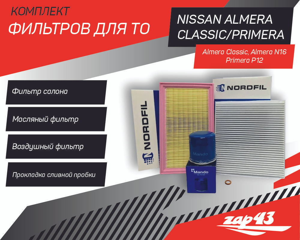 Комплект фильтров для ТО Nissan Almera Classic Альмера Классик / Almera N16 / Primera P12  #1