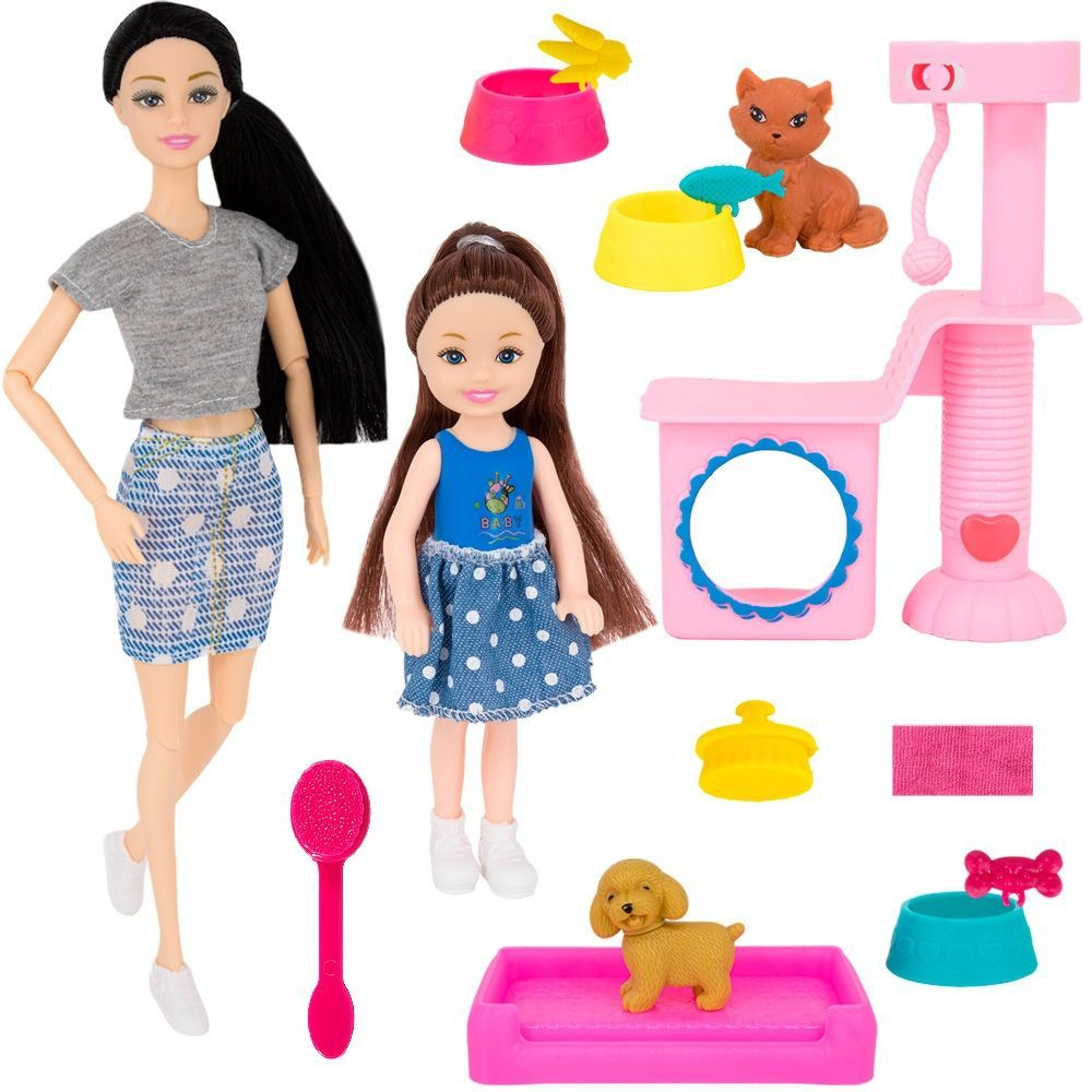 Кукла типа Барби с дочкой и питомцами, 30 см. Игровой набор "Семья кукол"  #1
