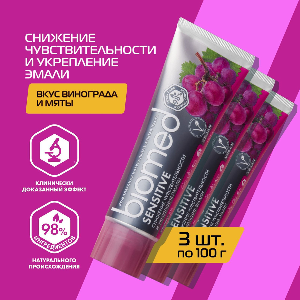 Зубная паста для чувствительных зубов и десен Biomed SENSITIVE со вкусом винограда, антибактериальная #1