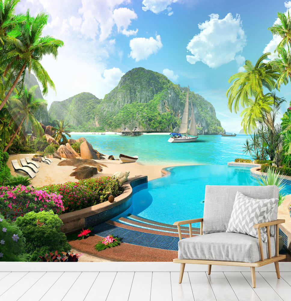 Фотообои на стену флизелиновые, Пляж на море с островами и пальмами 3д, 300*250 см, рельефные, с виниловым #1