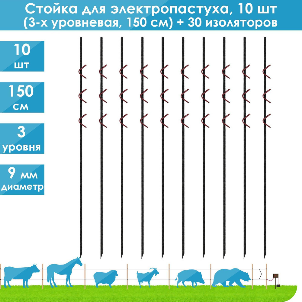 10 шт/3-х уровневые. Стойки для электропастуха, 150 см, композитные  #1