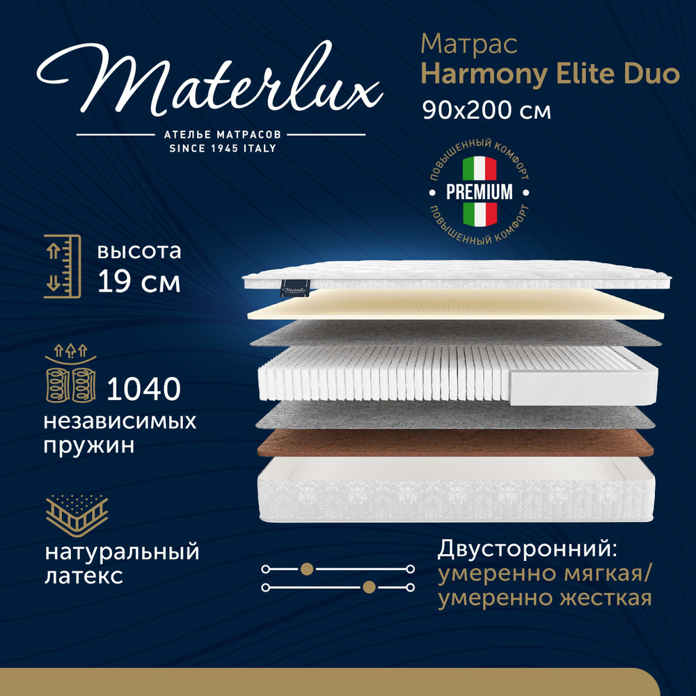 Матрас MaterLux Harmony Elite Duo 90х200, Независимые пружины, двусторонний  #1