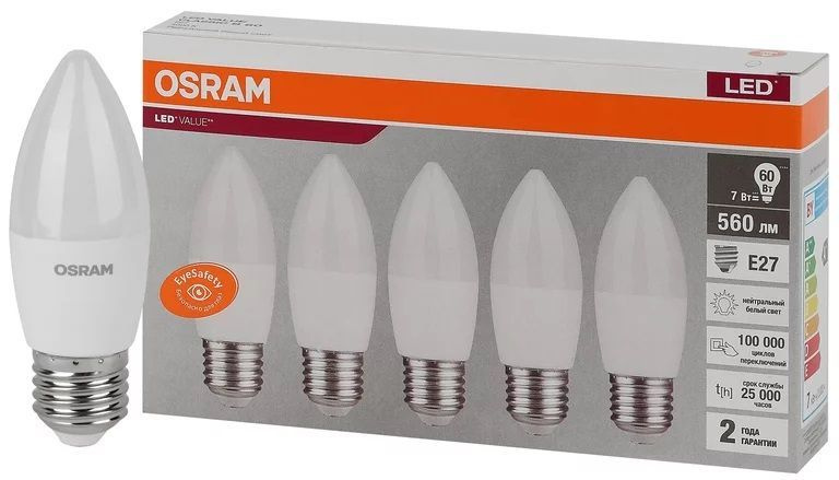OSRAM Лампочка свеча, замена 60Вт, Нейтральный белый свет, E27, 7 Вт, 5 шт.  #1