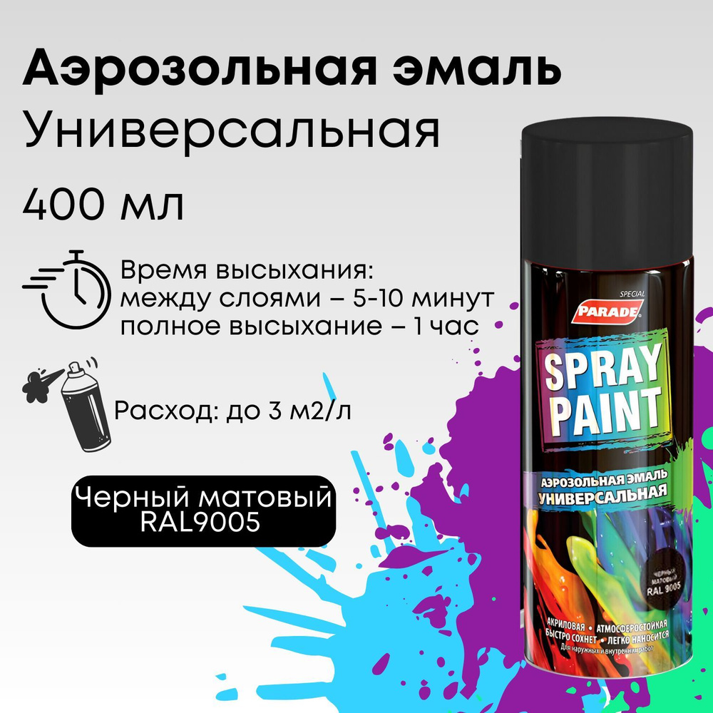Краска аэрозольная PARADE SPRAY PAINT RAL 9005, эмаль быстросохнущая влагостойкая, Черный матовый, объем #1