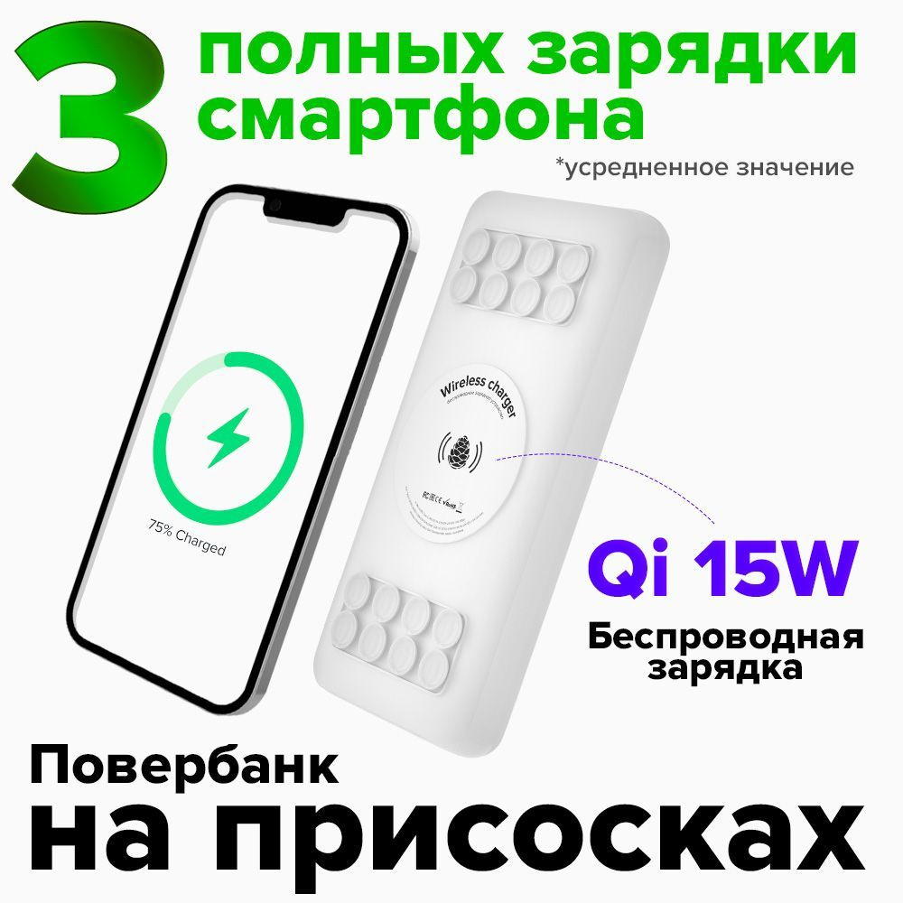 PowerBank GCR белый внешний аккумулятор 20000 mAh беспроводная зарядка Qi с креплением 15W + QC 3.0 + #1