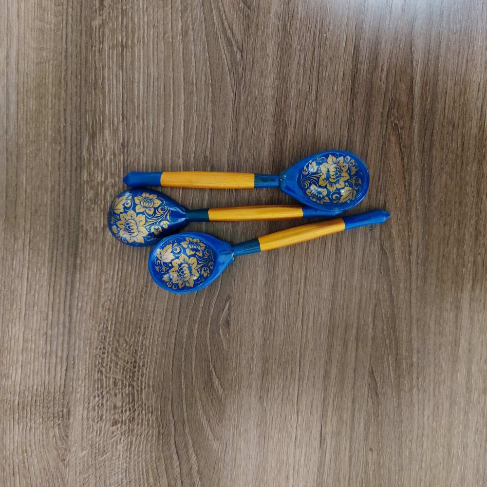 Сувенирная деревянная чайная ложка (3 шт.) "Золотая кудрина синяя" (14.5*3.5*1.5 см), Русские традиции #1