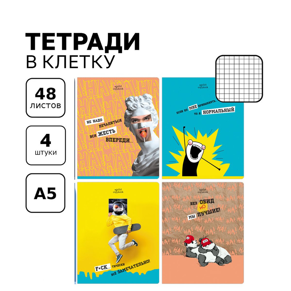 Тетради для школы в клетку 48 листов , Комплект/набор школьный 4 штуки BG "Тетрадь эгоиста" общие с картонной #1