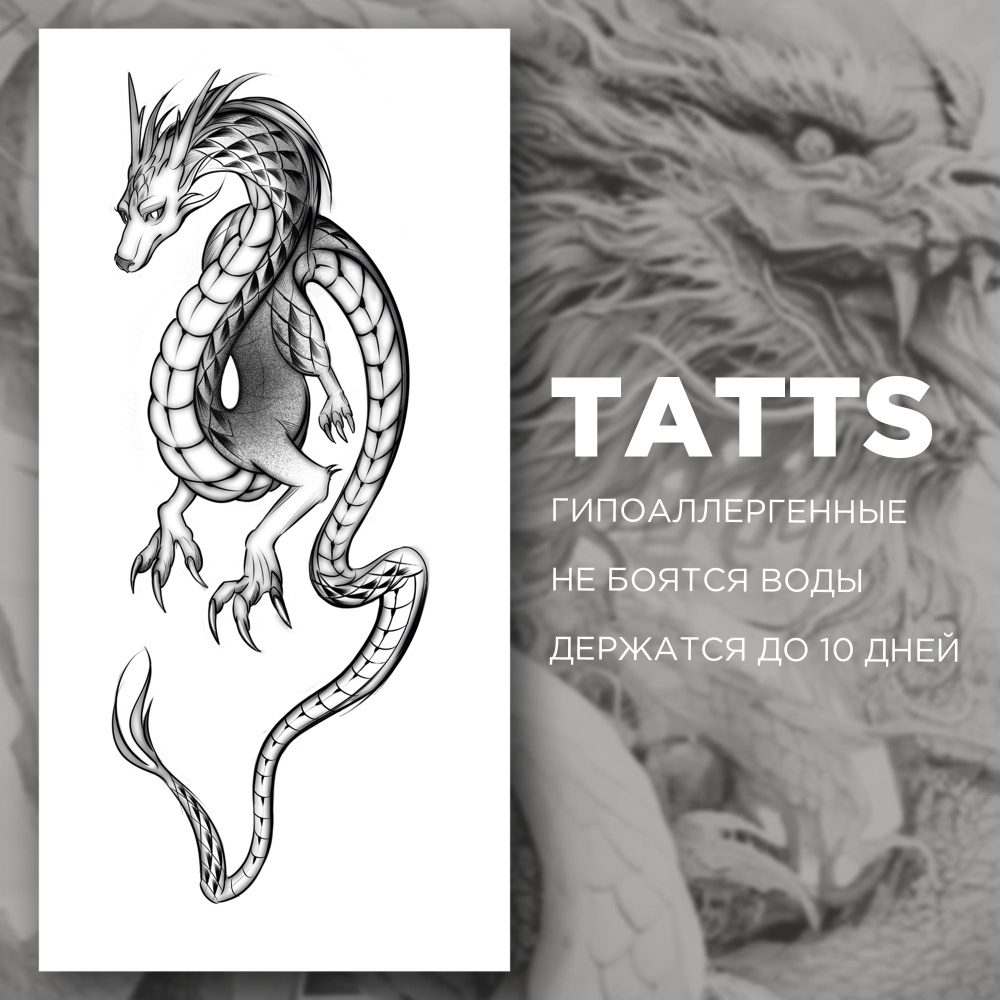 TATTS Переводные татуировки, Черный дракон 28*12см (для взрослых и детей)  #1