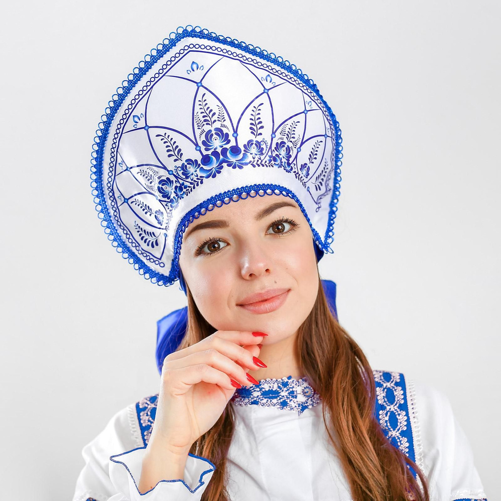 Кокошник Страна Карнавалия "Цветы люпины" на белом фоне, с синей коймой, с синей лентой  #1
