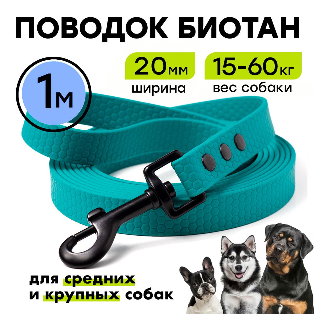 Поводок биотановый 1 м, ширина 20 мм, Woofy "Iron ", для крупных и средних собак, водостойкий, бирюзовый #1