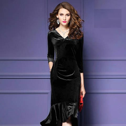 Dark Green New Velvet Long Sleeves Slim Split Bodycon Dress Cocktail dresses wit