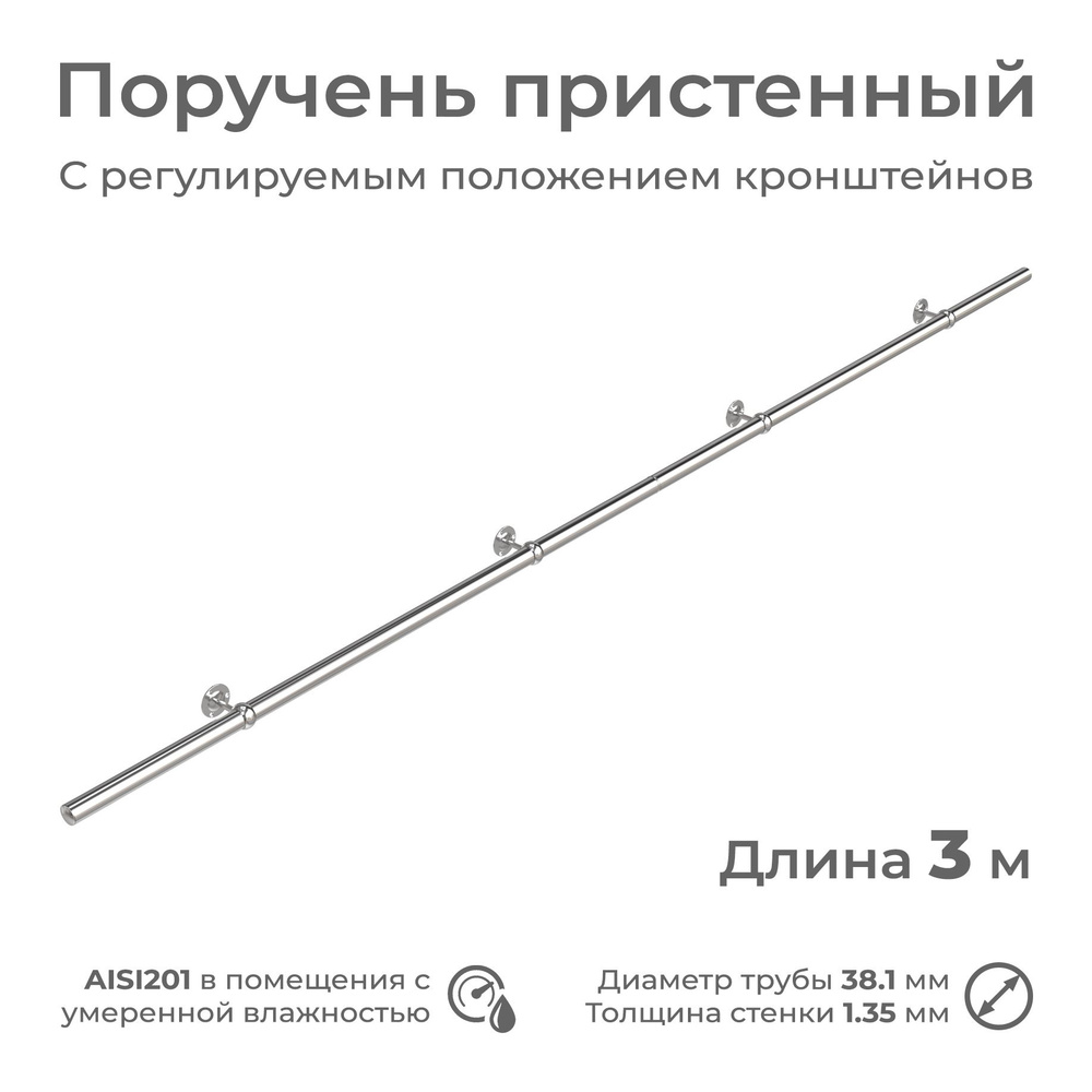 Поручень пристенный INEX RailHug для помещения, диаметр 38 мм, длина 3 м, из нержавеющей стали AISI201 #1