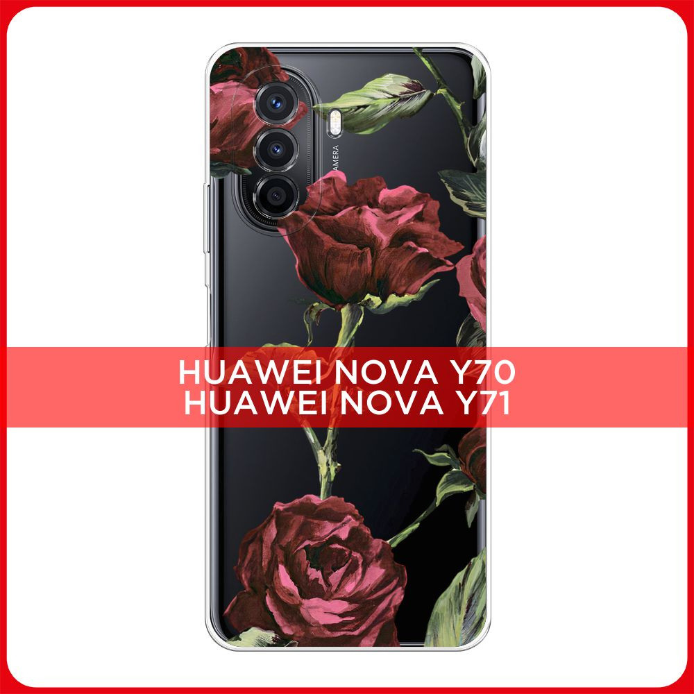 Силиконовый чехол на Huawei Nova Y70/Y71 / Хуавей Нова Y70/Y71 Фон из бордовых роз, прозрачный  #1