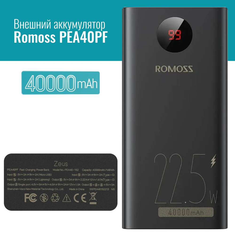 Внешний аккумулятор Romoss PEA40PF 40000 mAh Быстрая зарядка 22.5W 2022  #1