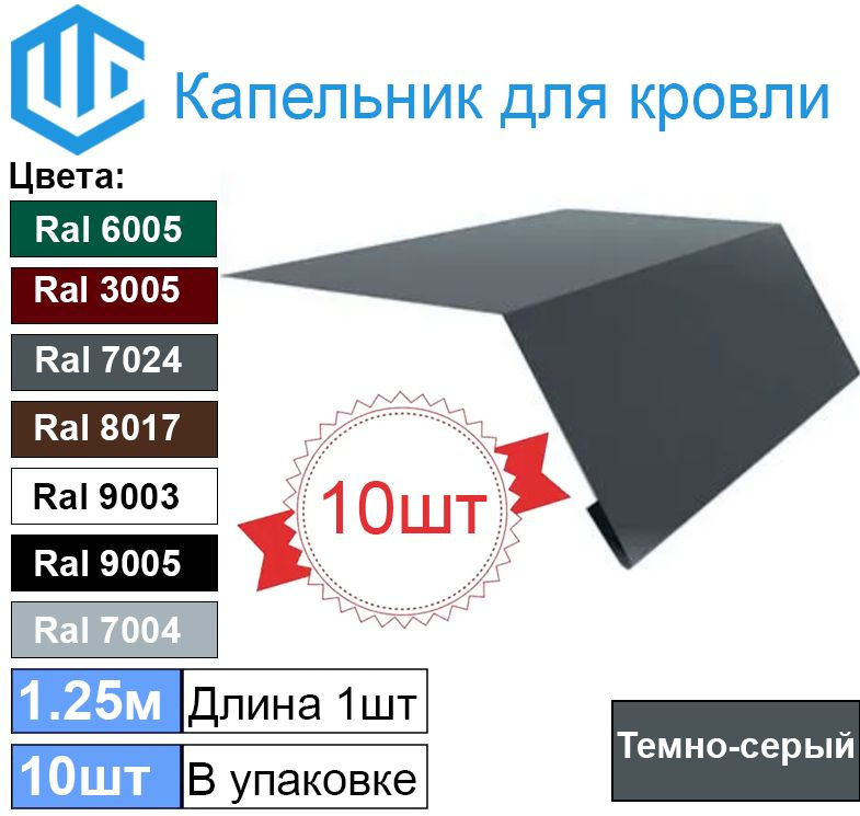 Капельник для кровли - карнизная планка Ral 7024 Графит (10шт) 1.25м  #1