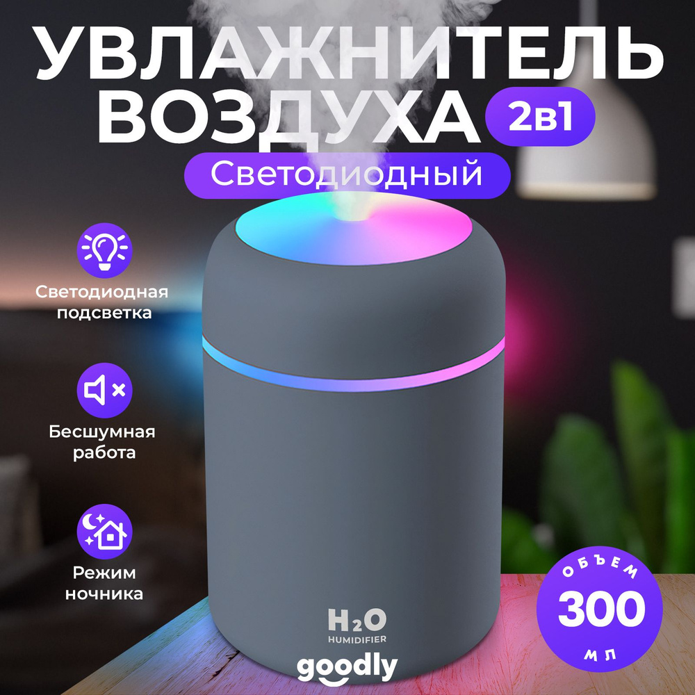 Увлажнитель воздуха Goodly Humidifier H2O, портативный с LED подсветкой, 300 мл, черный  #1