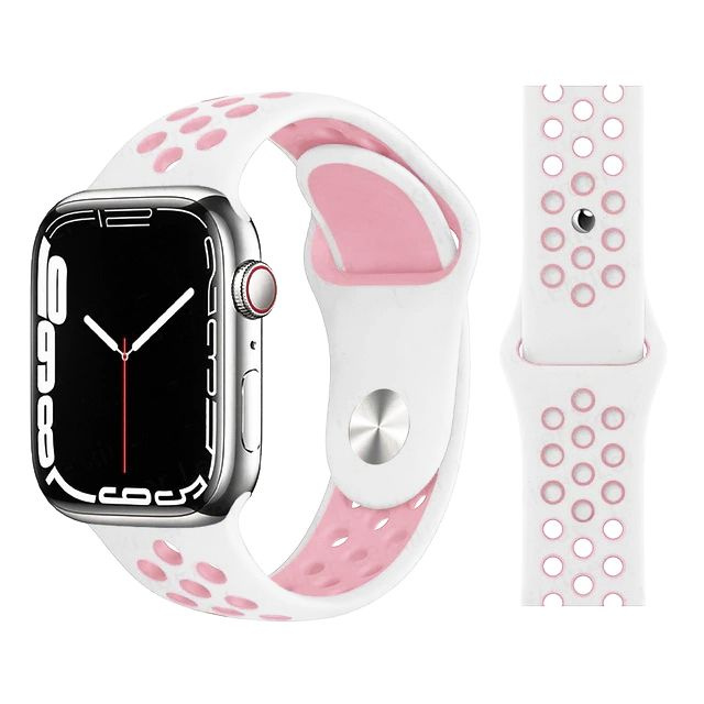 Ремешок силиконовый перфорированный Sport NK для Apple Watch 42/44/45/49 мм, 235мм, на кнопке, белый+розовый #1