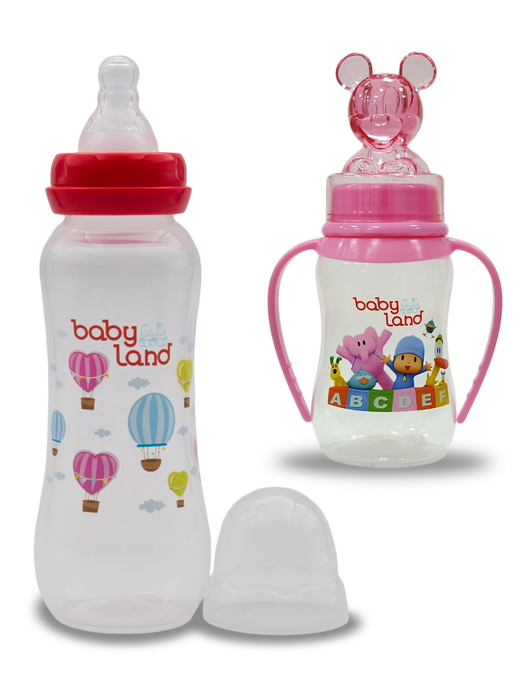 Набор бутылочек "Baby Land" с колпачком-игрушкой 150мл и 240мл/ классическая силиконовая соска/ мерная #1